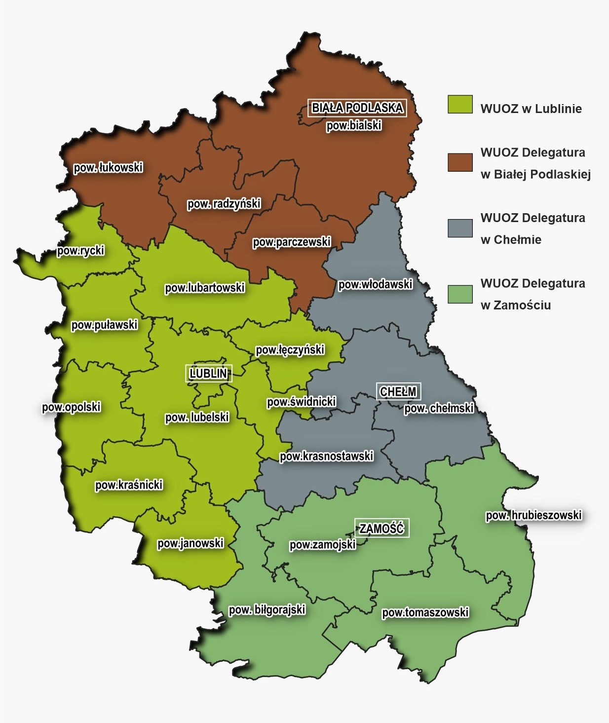 grafika przedstawiająca mapę województwa z podziałem terytorialnym